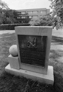 This is a monument to the first Softball game ever played. It's located on the campus of Michael Reese hospital. This totally explains why every company in Chicago has a softball team!