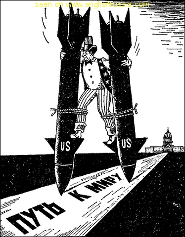 Uncle Sam walks of the "Path to Peace" with bombs for stilts.